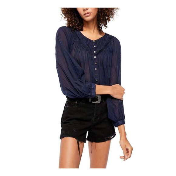 Free People OB1064031 Women's Sz XS Navy Blue Raglan Sleeve Button Up Top $88 - Picture 8 of 9